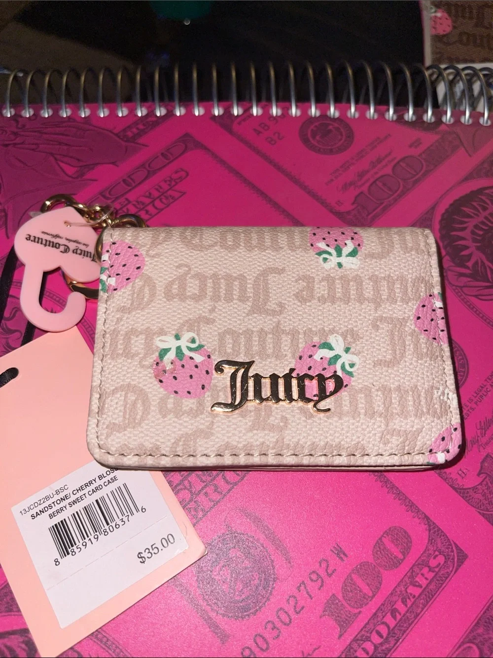 Juicy Couture Beige Strawberry Card & Key Holder with Pink Accents
